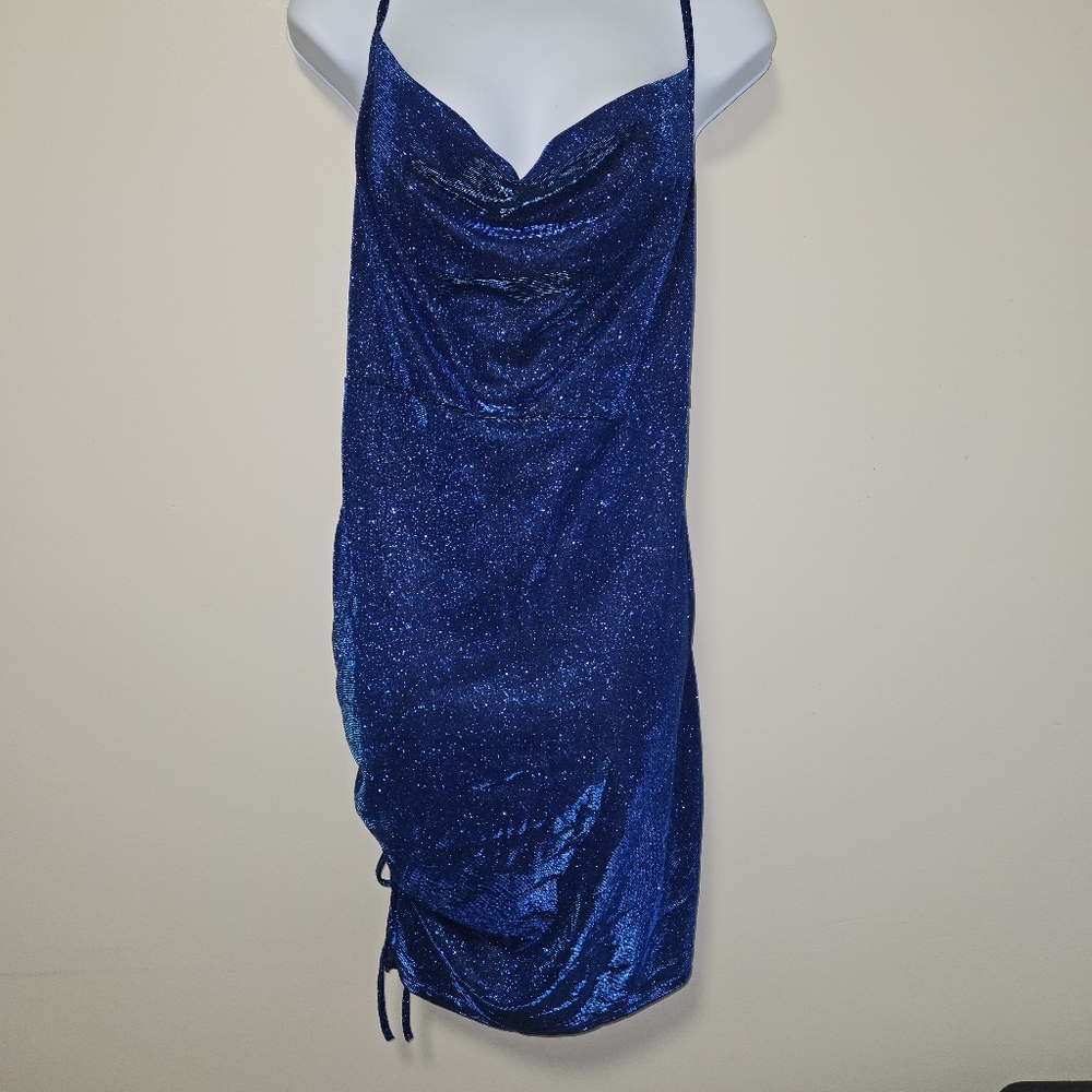 SHEIN Bodycon Glitter Cowl Ruched Mini Dress Sparkle Blue Curve Women 2XL
